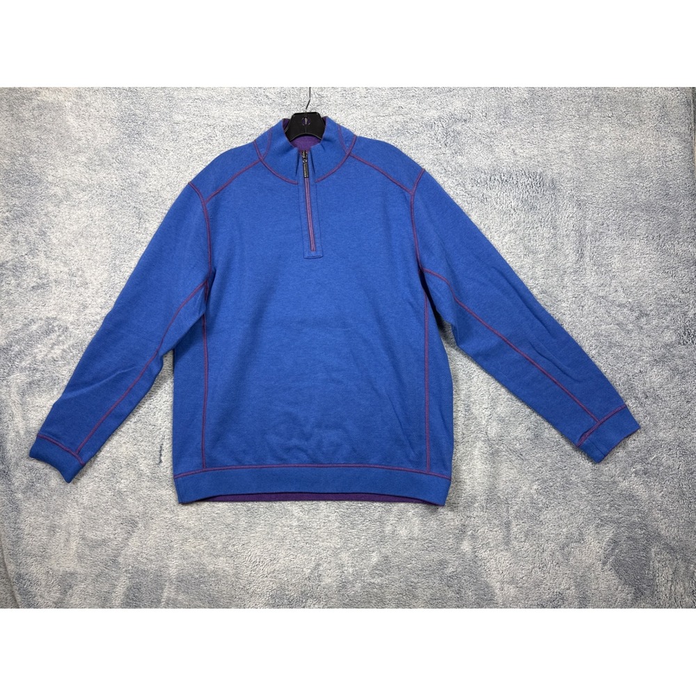 Tommy Bahama Mens L Blue 1/4 Zip Pullover Contrast Stitch Marlin Coastal Sweater
